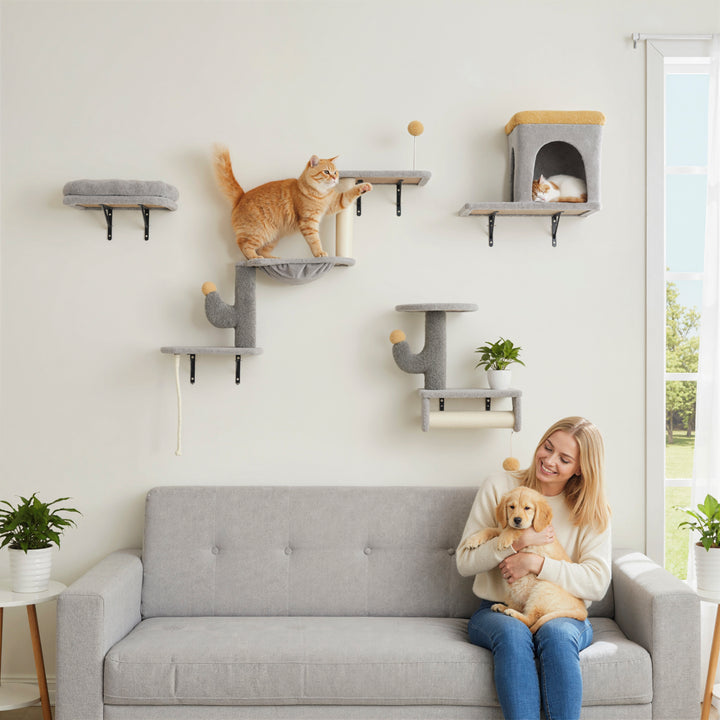 PawHut 4-Piece Wall-Mounted Cat Furniture Set with Condo, Hammock, Scratching Posts