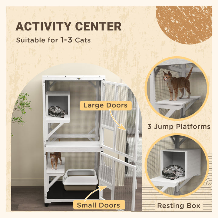 PawHut Elevated Outdoor Catio with Wheels, Resting Box, Multi-Platforms, Water-Resistant