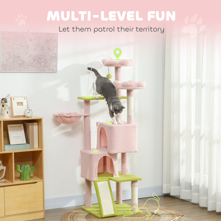 PawHut Pink Flower Multi-Level Cat Tree with Sisal Scratching Posts