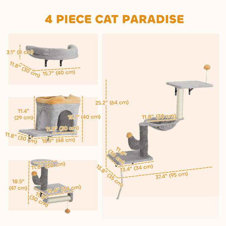 PawHut 4-Piece Wall-Mounted Cat Furniture Set with Condo, Hammock, Scratching Posts