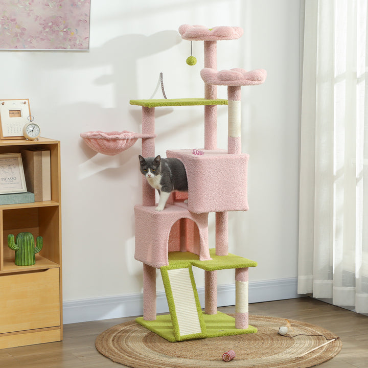 PawHut Pink Flower Multi-Level Cat Tree with Sisal Scratching Posts