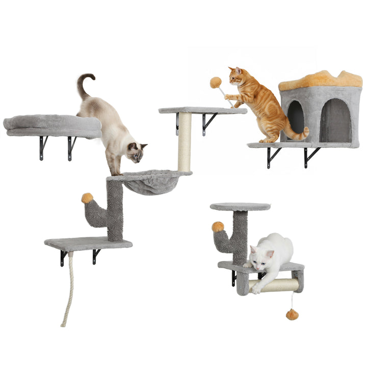 PawHut 4-Piece Wall-Mounted Cat Furniture Set with Condo, Hammock, Scratching Posts
