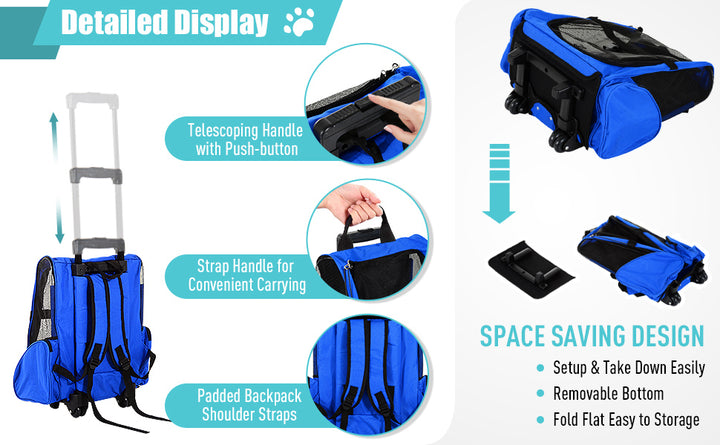 PawHut 4-in-1 Rolling Pet Carrier Backpack for Small Dogs and Cats