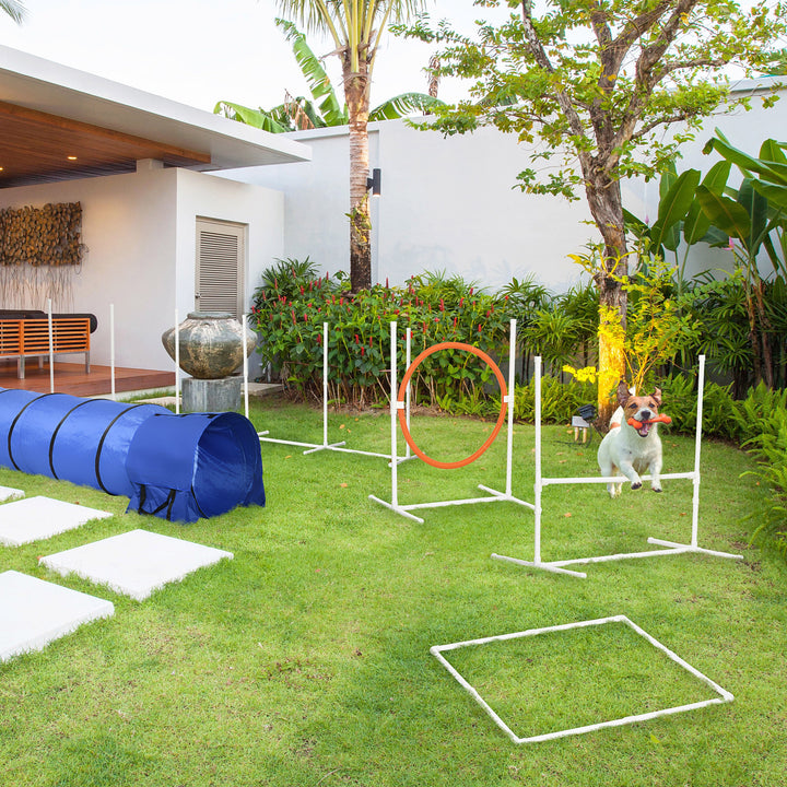 PawHut Portable 5-Piece Dog Agility Training Kit: Adjustable Jumps, Weave Poles