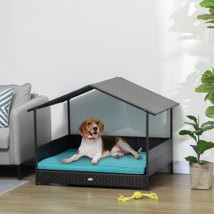 PawHut Elevated Wicker Dog House, Canopy, Washable Cushion, Medium to Large Dogs