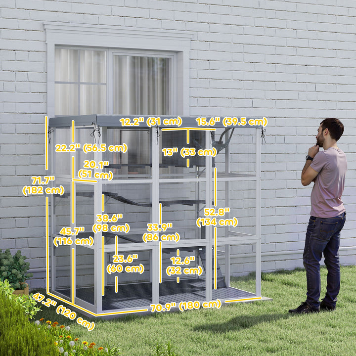 PawHut 71-inch Outdoor Catio Enclosure with Tarp, Hammock, Platforms, Ramps