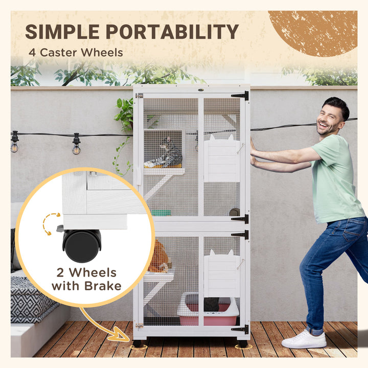 PawHut Elevated Outdoor Catio with Wheels, Resting Box, Multi-Platforms, Water-Resistant