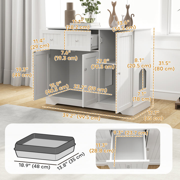 PawHut White Litter Box Enclosure: Drawer Storage, Anti-Tip Kit, Side Table