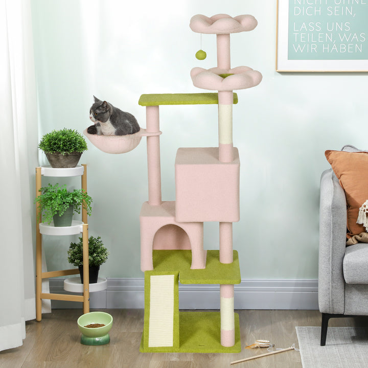 PawHut Pink Flower Multi-Level Cat Tree with Sisal Scratching Posts