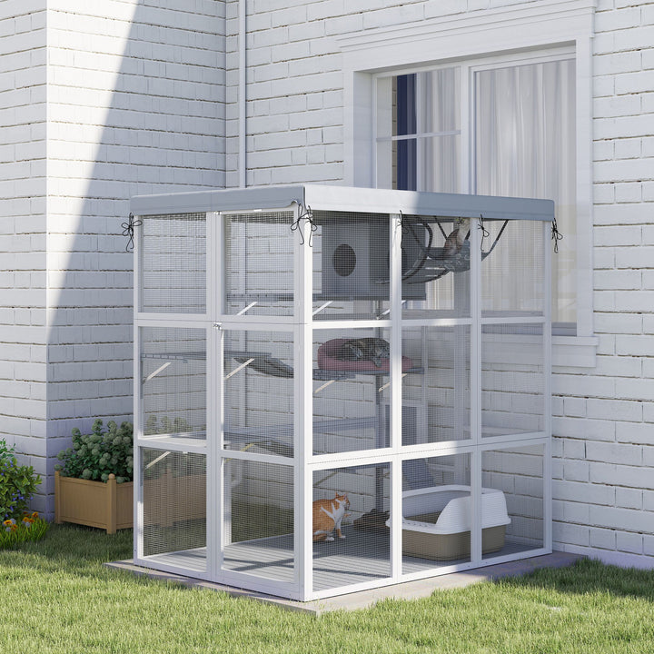 PawHut 71-inch Outdoor Catio Enclosure with Tarp, Hammock, Platforms, Ramps