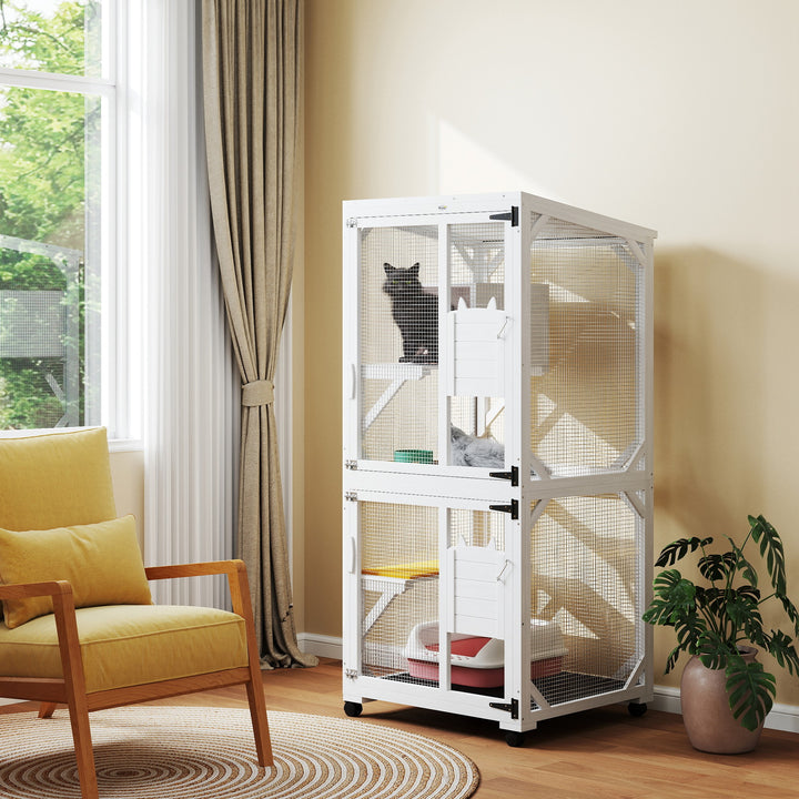 PawHut Elevated Outdoor Catio with Wheels, Resting Box, Multi-Platforms, Water-Resistant