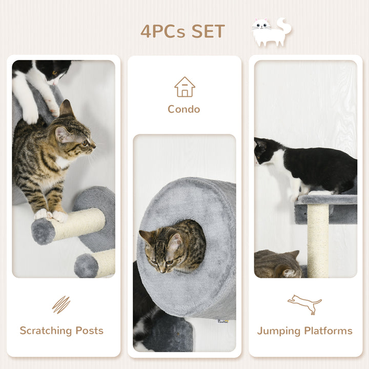 PawHut 4-Piece Wall-Mounted Cat Shelves, Climbing Activity Center with Condo