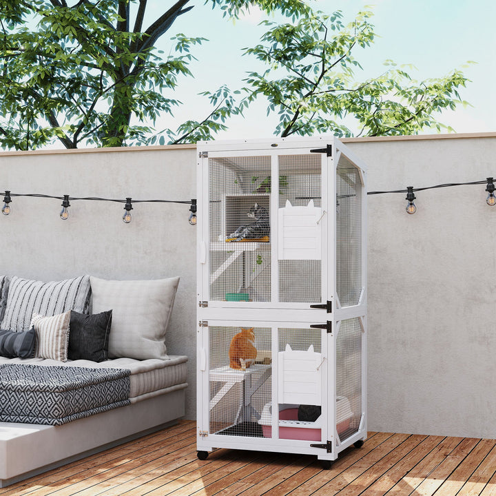 PawHut Elevated Outdoor Catio with Wheels, Resting Box, Multi-Platforms, Water-Resistant