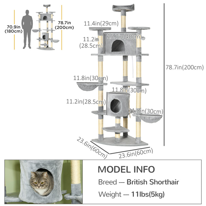 PawHut 79-Inch Multi-Level Cat Tree Tower with Two Condos, Hammocks, Scratching Posts