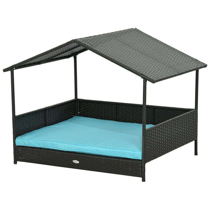 PawHut Elevated Wicker Dog House, Canopy, Washable Cushion, Medium to Large Dogs