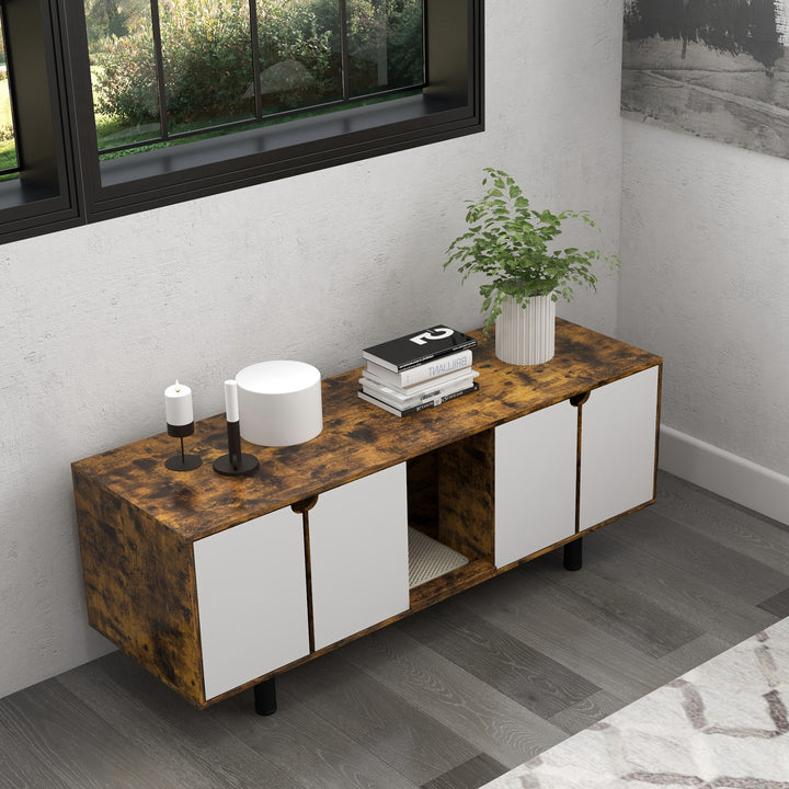 PawHut Rustic Brown Hidden Cat Litter Box Enclosure, Double Doors, Sand Drain Pad