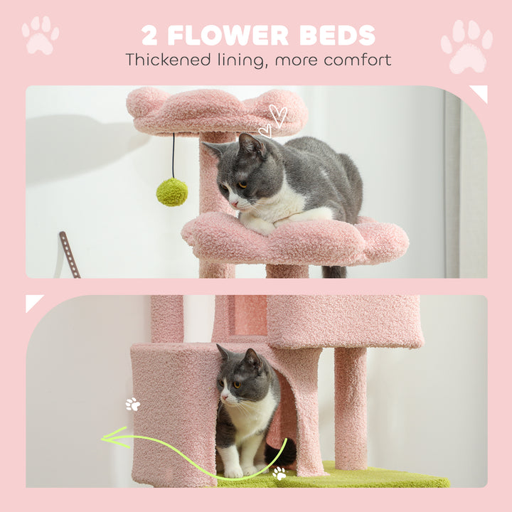 PawHut Pink Flower Multi-Level Cat Tree with Sisal Scratching Posts