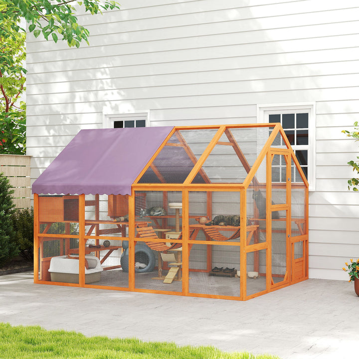 PawHut Large Outdoor Wooden Cat Enclosure with Weatherproof Canopy, Play Platforms