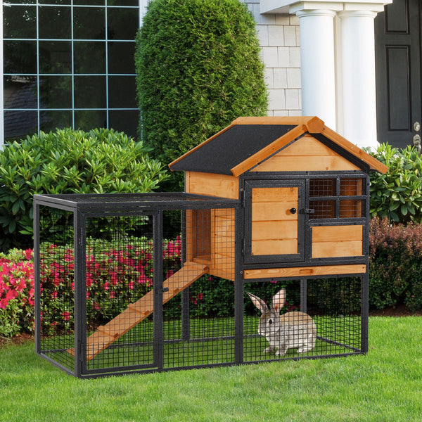 PawHut Elevated Wood-Metal Rabbit Hutch: Slide-Out Tray, Lockable Door, Outdoor Habitat