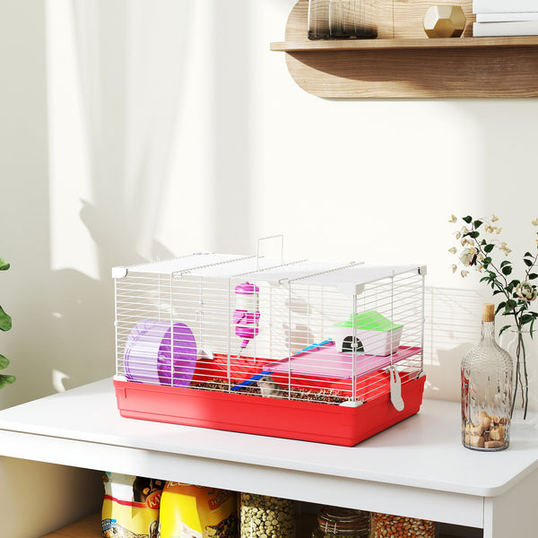 PawHut Red 18.5-inch 2-Story Hamster Cage Kit with Wheel, Bottle & Dishes