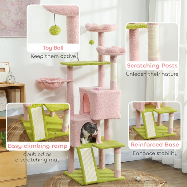 PawHut Pink Flower Multi-Level Cat Tree with Sisal Scratching Posts