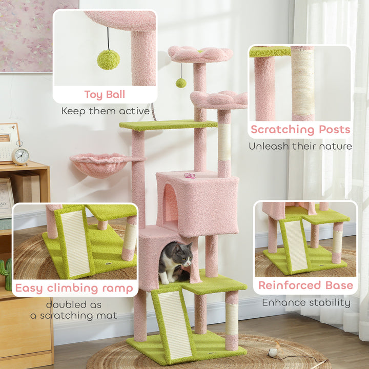 PawHut Pink Flower Multi-Level Cat Tree with Sisal Scratching Posts