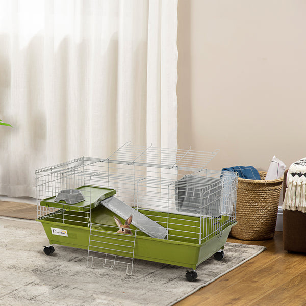 PawHut Rolling Small Animal Cage - Bunny & Guinea Pig Habitat with Accessories