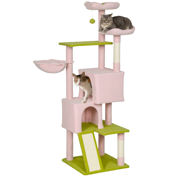 PawHut Pink Flower Multi-Level Cat Tree with Sisal Scratching Posts