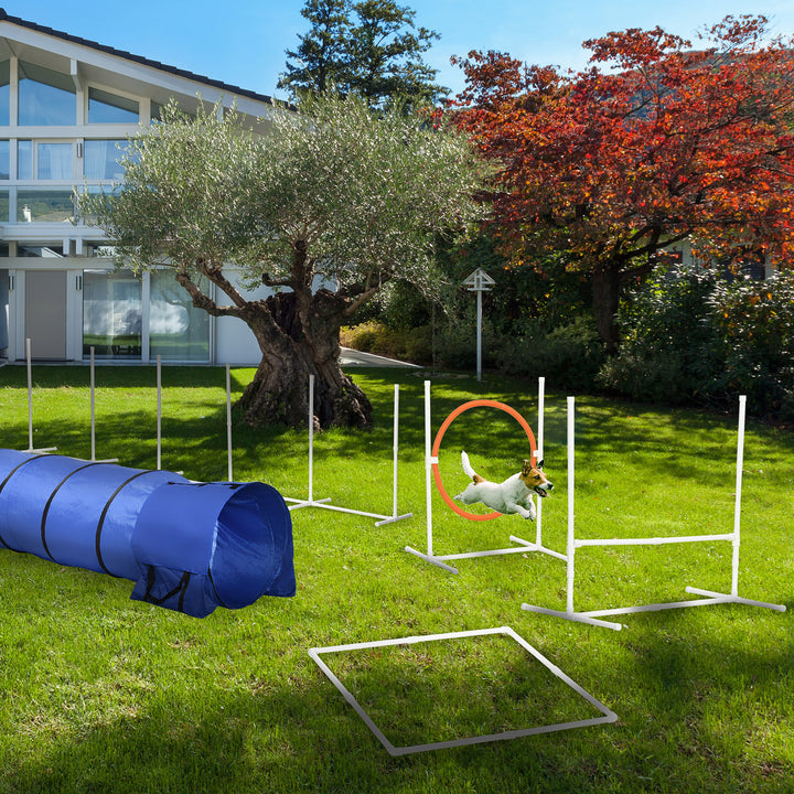 PawHut Portable 5-Piece Dog Agility Training Kit: Adjustable Jumps, Weave Poles