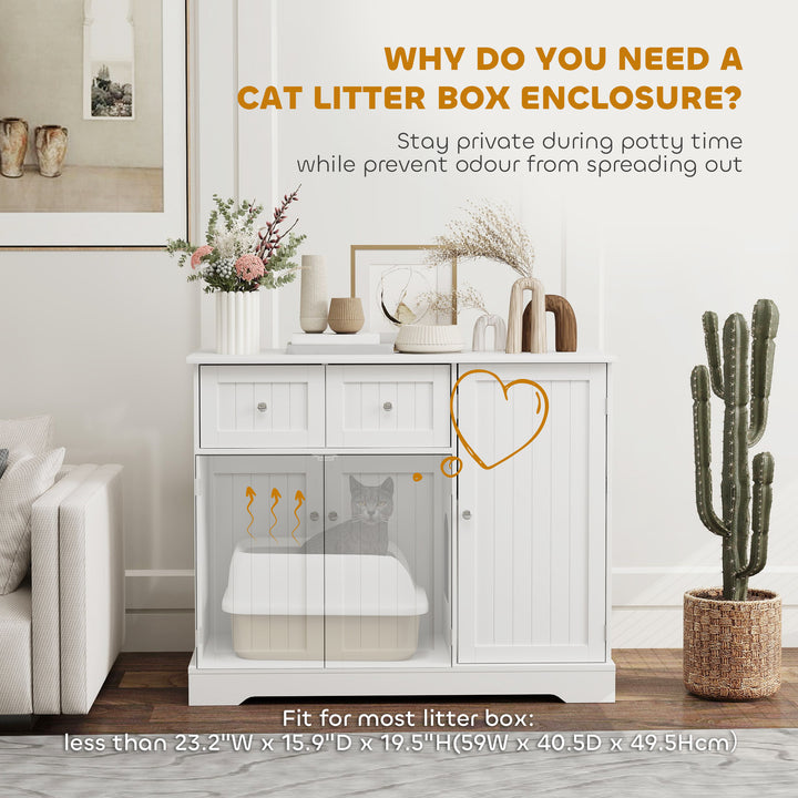 PawHut White Litter Box Enclosure: Drawer Storage, Anti-Tip Kit, Side Table