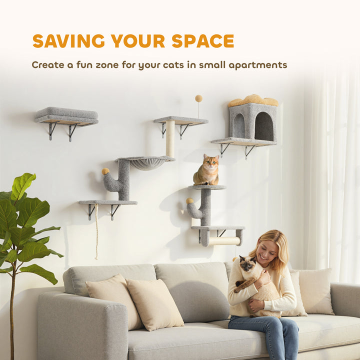 PawHut 4-Piece Wall-Mounted Cat Furniture Set with Condo, Hammock, Scratching Posts