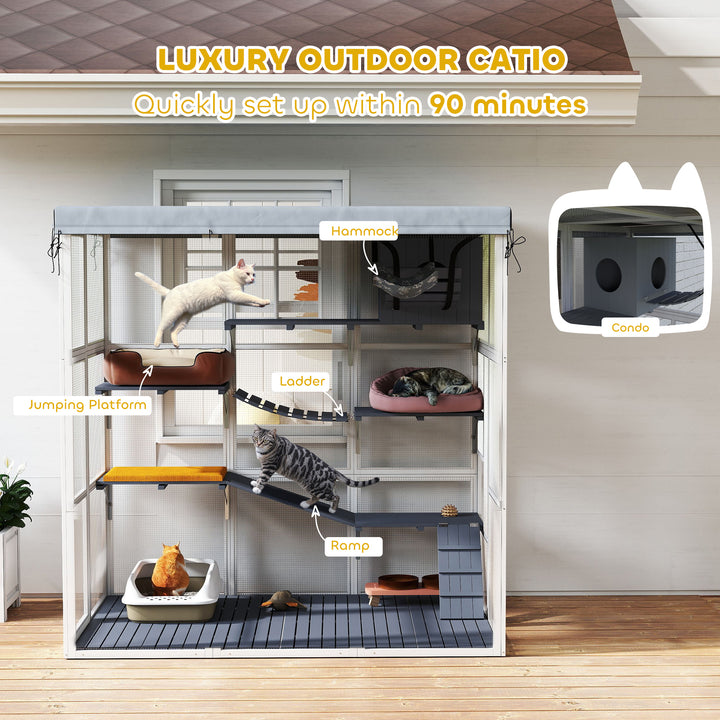 PawHut 71-inch Outdoor Catio Enclosure with Tarp, Hammock, Platforms, Ramps