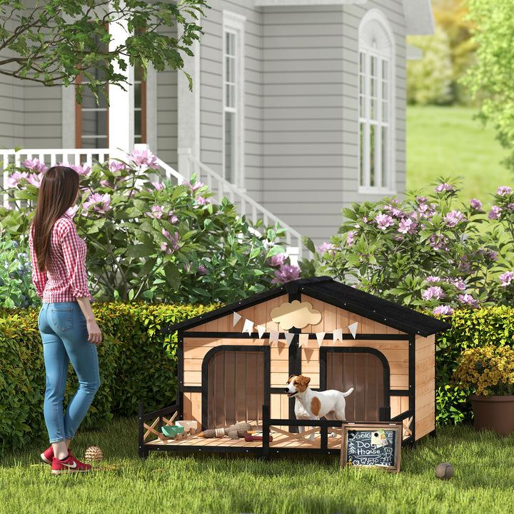 PawHut All-Weather Elevated Wood Cabin Dog House with Porch Deck