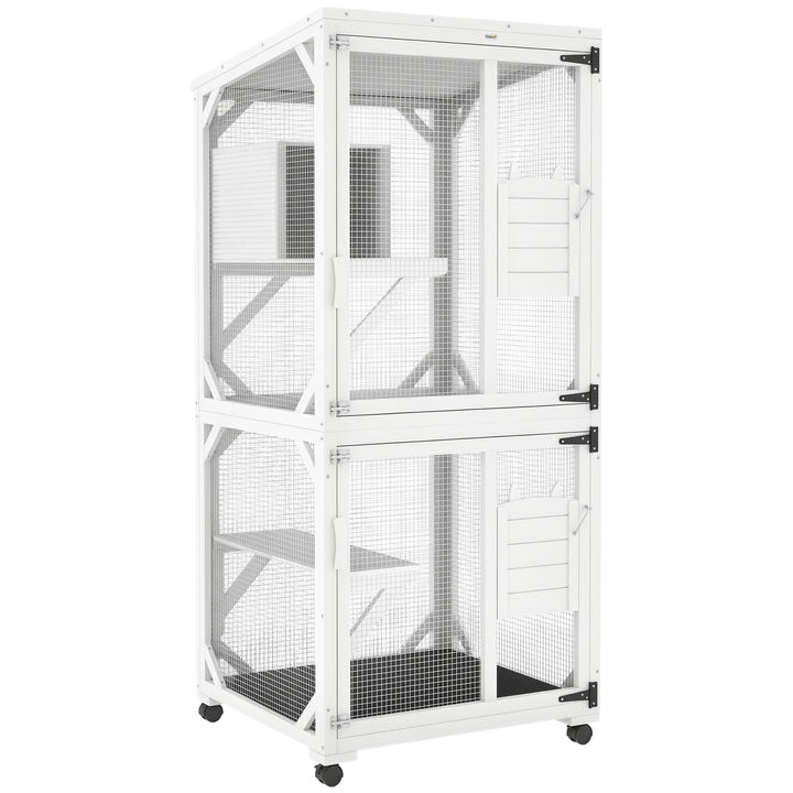 PawHut Elevated Outdoor Catio with Wheels, Resting Box, Multi-Platforms, Water-Resistant