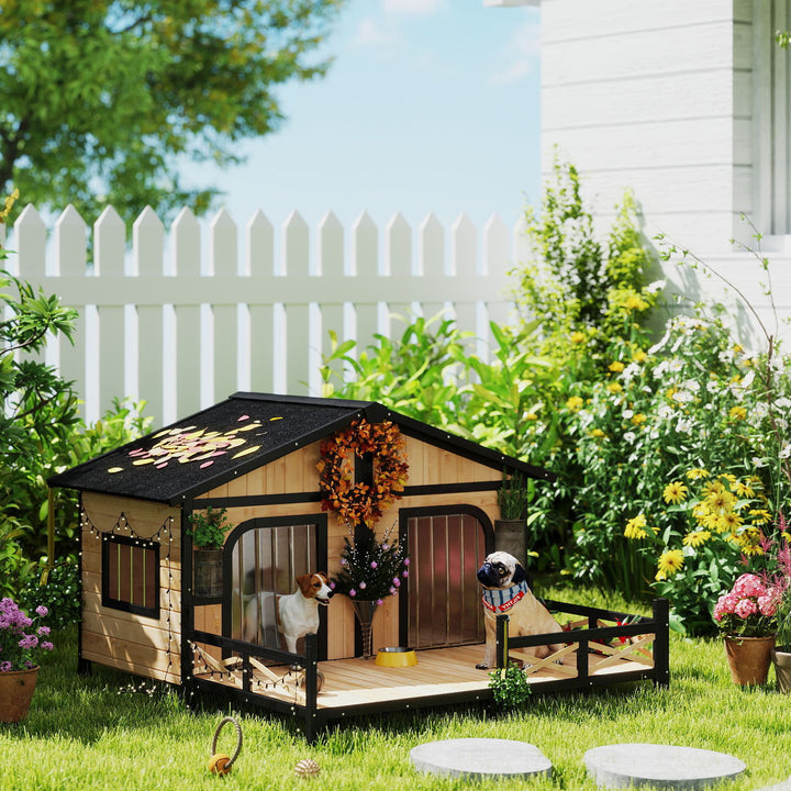 PawHut All-Weather Elevated Wood Cabin Dog House with Porch Deck