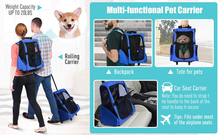 PawHut 4-in-1 Rolling Pet Carrier Backpack for Small Dogs and Cats