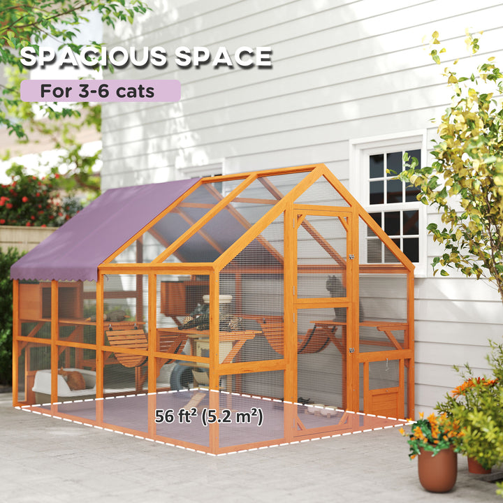 PawHut Large Outdoor Wooden Cat Enclosure with Weatherproof Canopy, Play Platforms