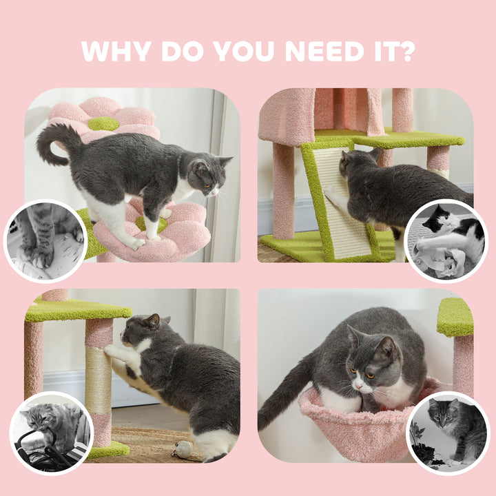 PawHut Pink Flower Multi-Level Cat Tree with Sisal Scratching Posts