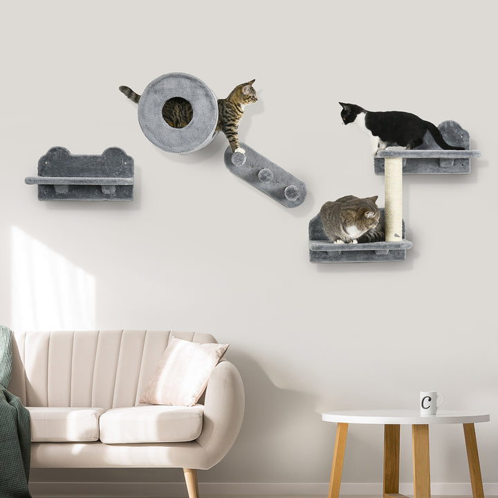 PawHut 4-Piece Wall-Mounted Cat Shelves, Climbing Activity Center with Condo