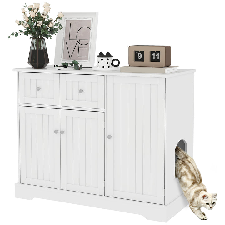 PawHut White Litter Box Enclosure: Drawer Storage, Anti-Tip Kit, Side Table