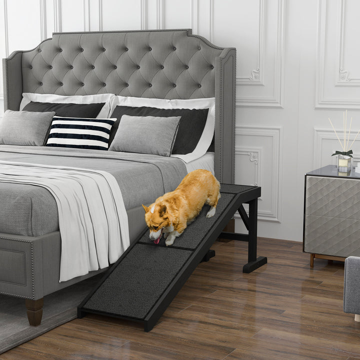 PawHut Black Non-Slip Carpet Top Pine Wood Pet Ramp Steps for Dogs, Cats