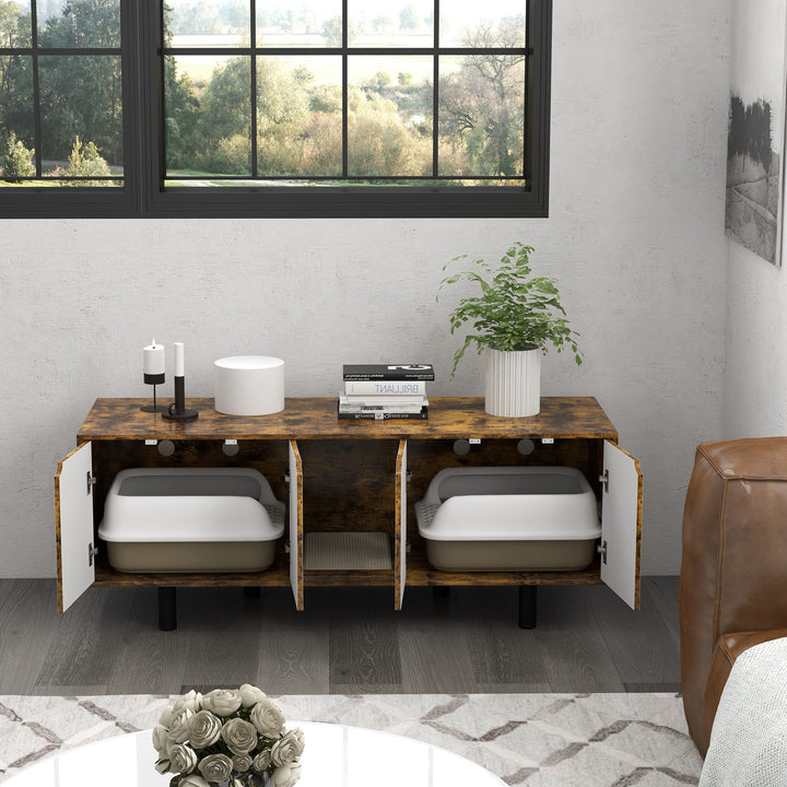 PawHut Rustic Brown Hidden Cat Litter Box Enclosure, Double Doors, Sand Drain Pad