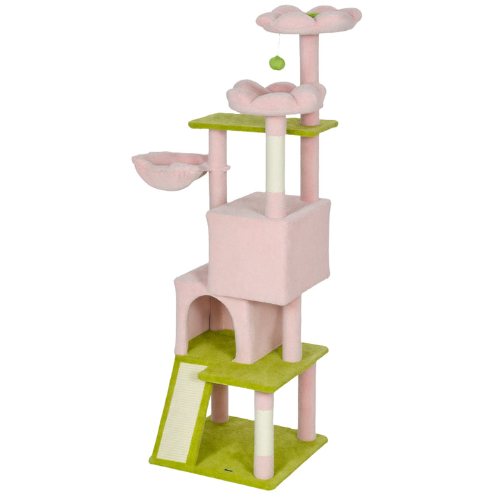PawHut Pink Flower Multi-Level Cat Tree with Sisal Scratching Posts