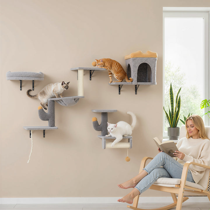 PawHut 4-Piece Wall-Mounted Cat Furniture Set with Condo, Hammock, Scratching Posts