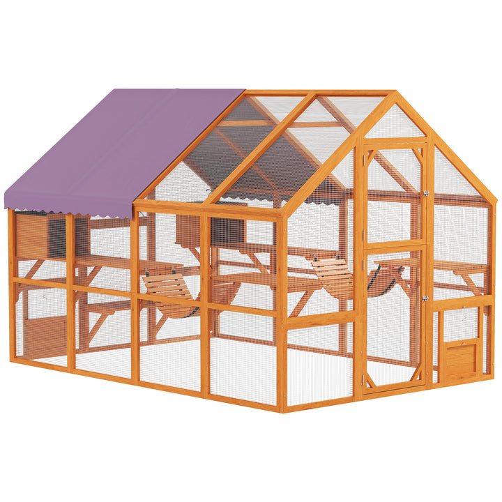 PawHut Large Outdoor Wooden Cat Enclosure with Weatherproof Canopy, Play Platforms