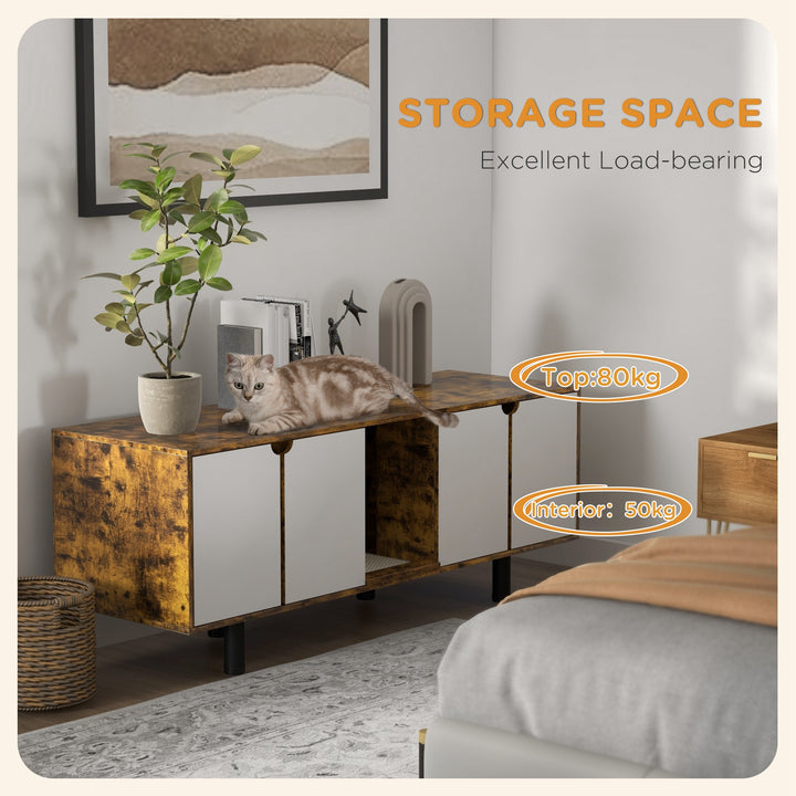 PawHut Rustic Brown Hidden Cat Litter Box Enclosure, Double Doors, Sand Drain Pad