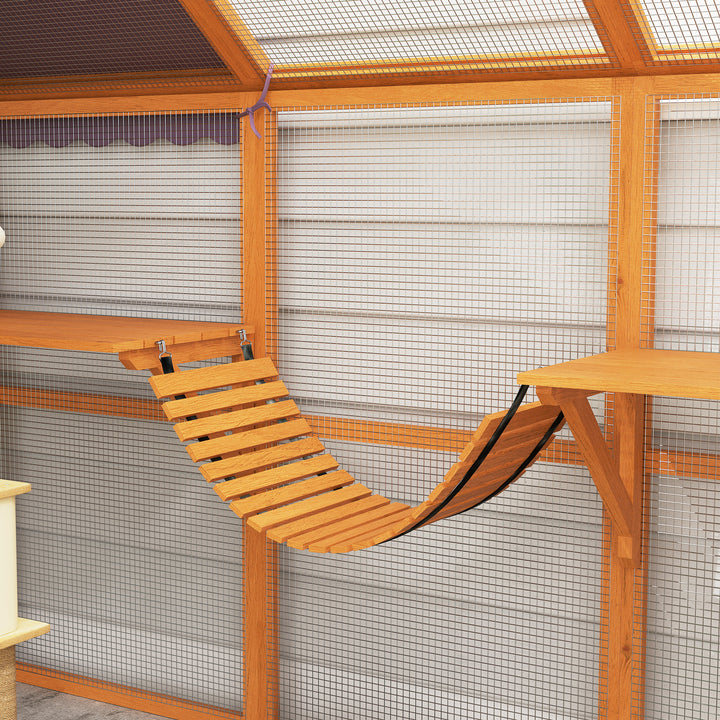 PawHut Large Outdoor Wooden Cat Enclosure with Weatherproof Canopy, Play Platforms