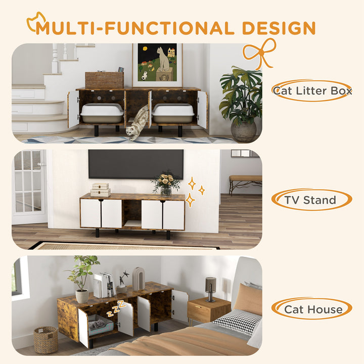 PawHut Rustic Brown Hidden Cat Litter Box Enclosure, Double Doors, Sand Drain Pad