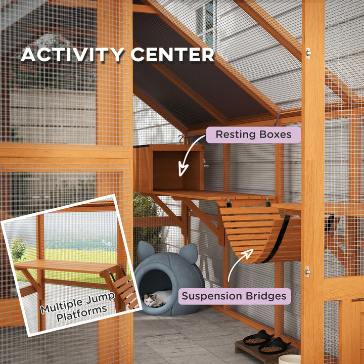 PawHut Large Outdoor Wooden Cat Enclosure with Weatherproof Canopy, Play Platforms