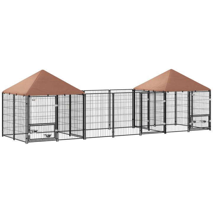 PawHut Large Outdoor Dog Kennel: 2 Rooms, Rotating Bowls, UV Cover